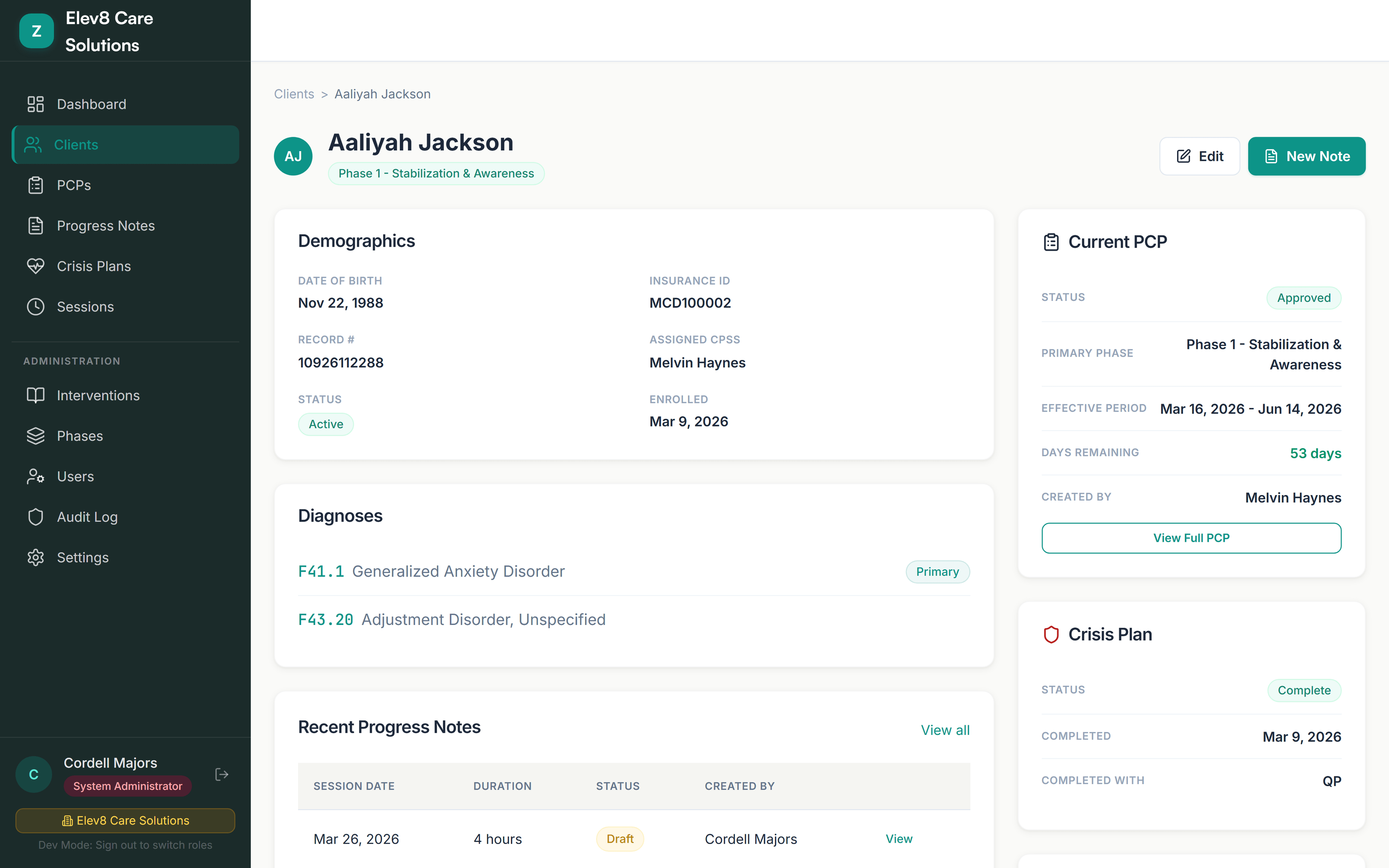 Client profile for Aaliyah Jackson showing demographics, diagnoses, current PCP with effective period and days remaining, and recent progress notes
